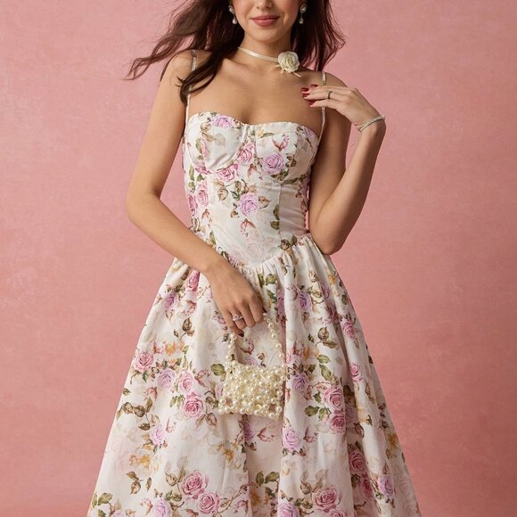 Dresses & Skirts - White Boho Women's Floral Print Spaghetti Strap A-Line Long Dress